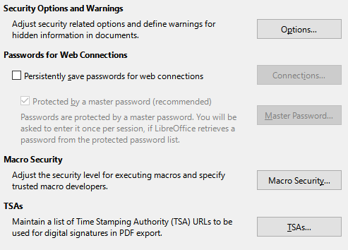 Security > Security Options and Warnings tab