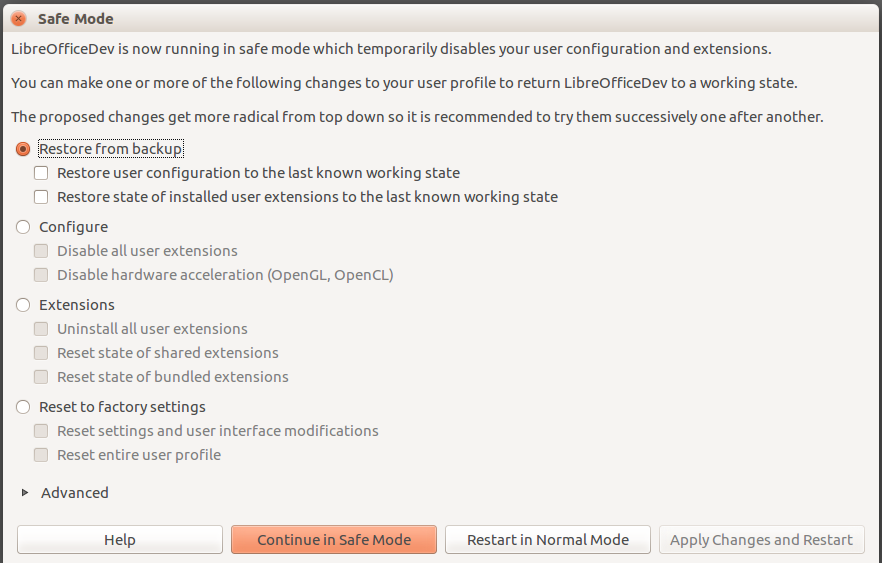 LibreOffice Safe Mode