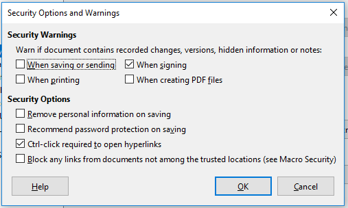 Security Options and Warnings dialog