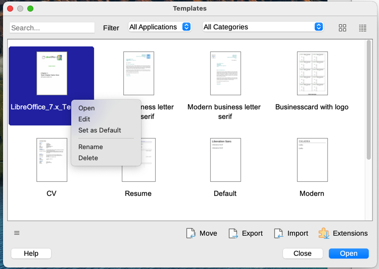 Thumbnail view of Templates dialog, showing context menu for a selected template