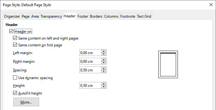 Page Style dialog, Header tab