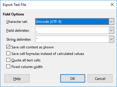 Export Text File dialog for CSV files