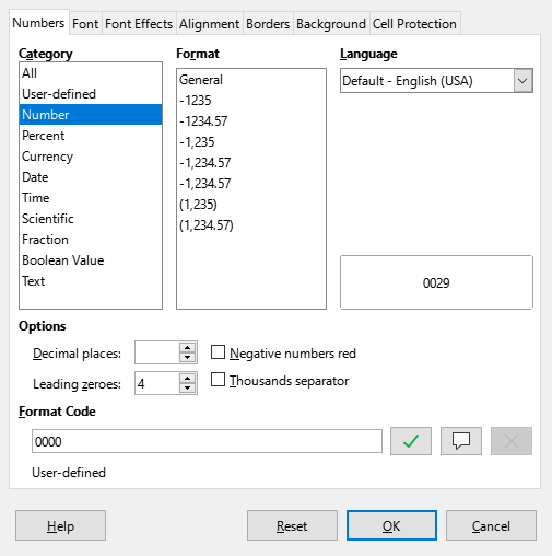Format Cells dialog – Numbers tab