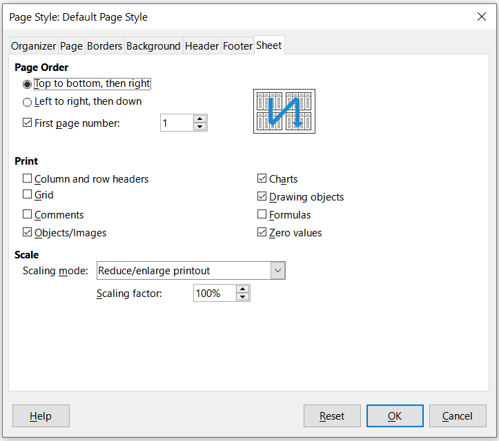 Page Style dialog – Sheet tab
