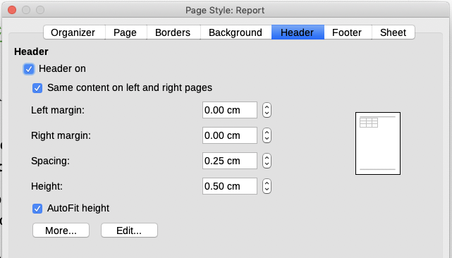 Header tab of Page Style dialog