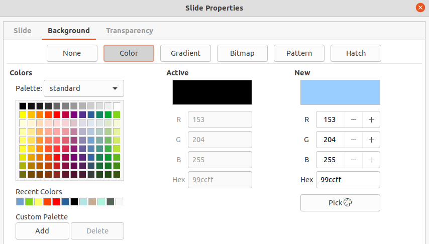 Slide Properties dialog - Background page