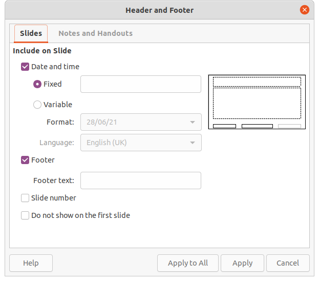 Header and Footer dialog - Slides page