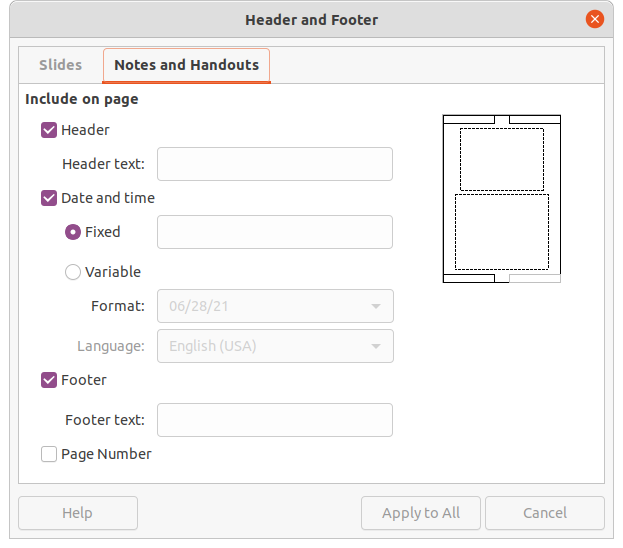 Header and Footer dialog - Notes and Handouts page