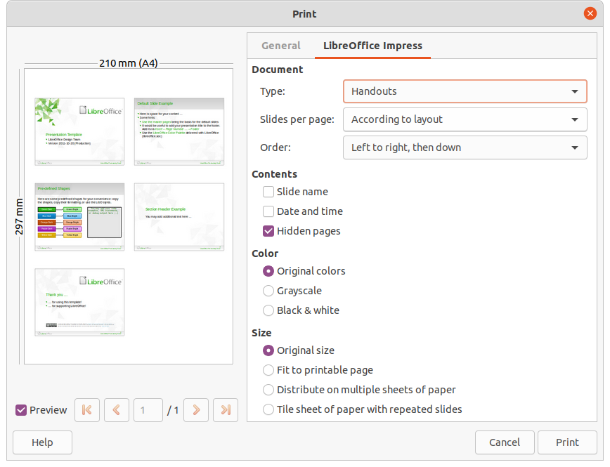 Example Print dialog - LibreOffice Impress page