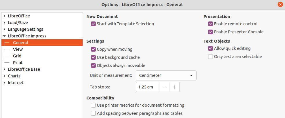 Options LibreOffice Impress General dialog