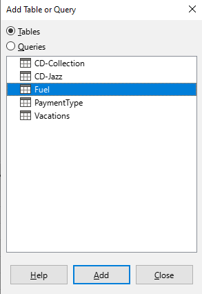 Add Table or Query dialog
