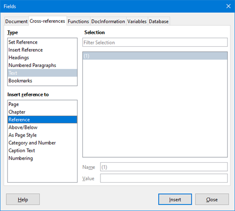 Fields dialog – Cross-references tab