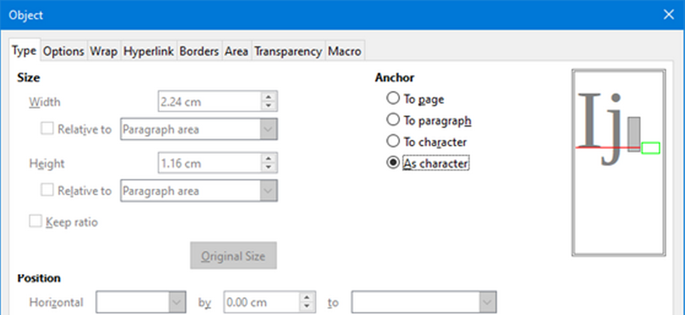 Object dialog – Type tab with Anchor options