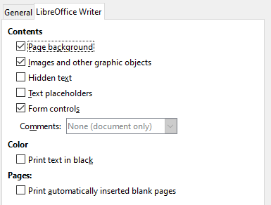 LibreOffice Writer tab of Print dialog