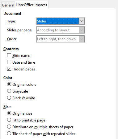 LibreOffice Impress tab of Print dialog