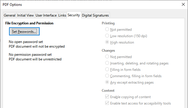 Security tab of PDF Options dialog