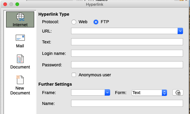 Hyperlink dialog showing details for an Internet FTP link