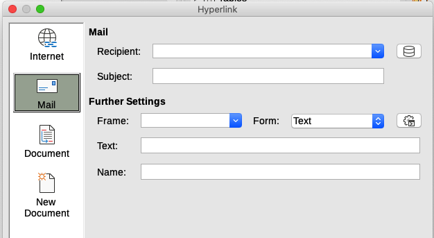 Hyperlink dialog showing details for a Mail link