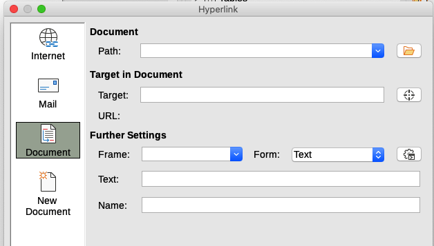 Hyperlink dialog showing details for a Document link
