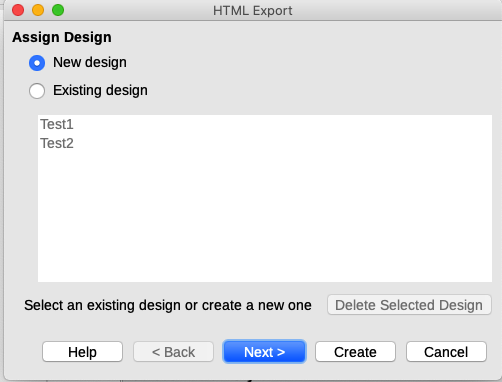 HTML Export dialog – Assign Design page