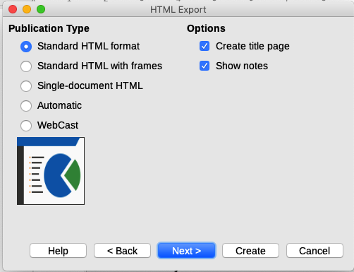 HTML Export dialog – publication type and options page
