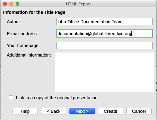 HTML Export dialog – title page information page