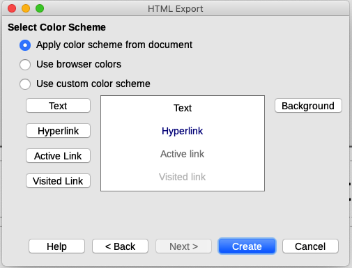 HTML Export dialog – color scheme page