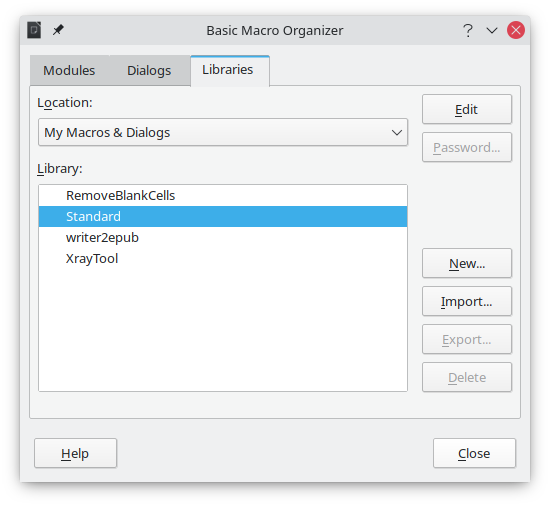 LibreOffice Basic Macro Organizer dialog, Libraries tab