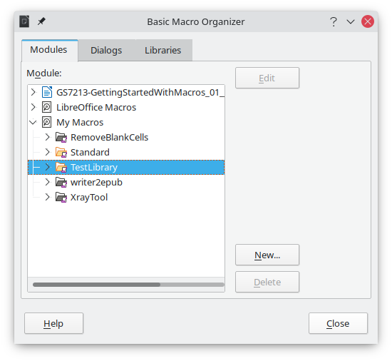 Basic Macro Organizer dialog, Modules tab