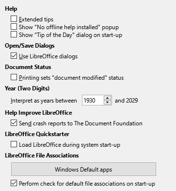Options - LibreOffice - General tab