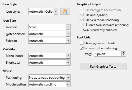 Options - LibreOffice - View tab