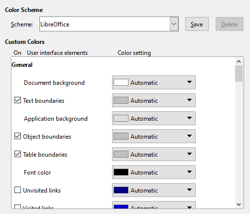 Application Colors tab