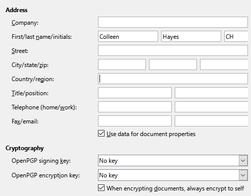 Options - LibreOffice - User Data tab