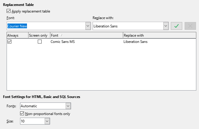 Options - LibreOffice - Fonts tab