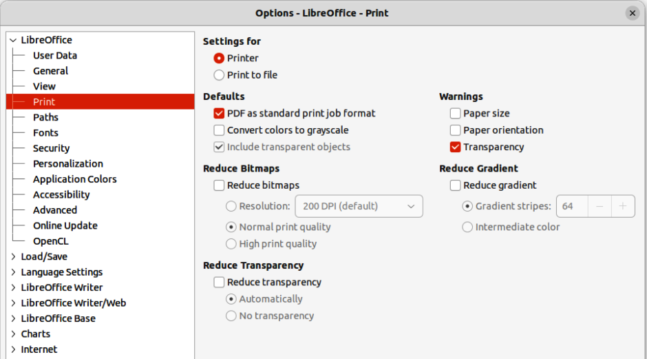 Figure 12: Options LibreOffice Print dialog
