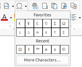 Figure 12: Insert Special Characters icon in the standard toolbar
