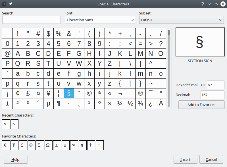 Figure 13: The Special Characters dialog