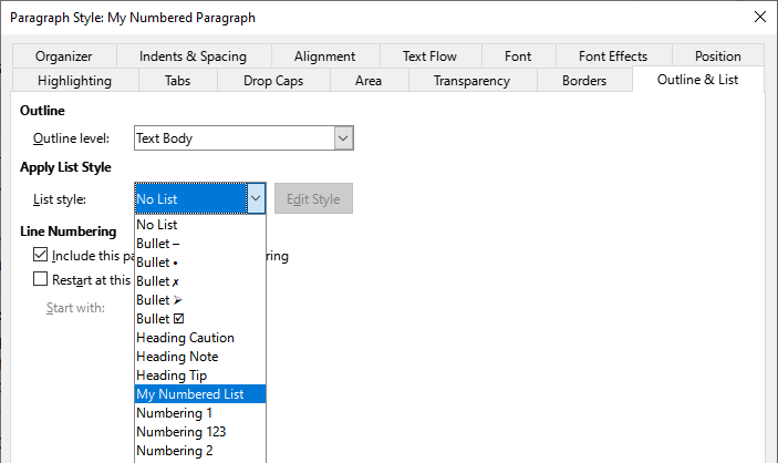 Figure 19: Assigning a list style to a paragraph style
