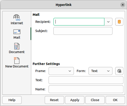 Figure 11: Hyperlink dialog — Mail page