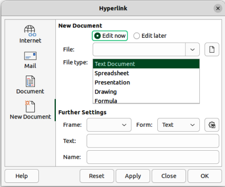 Figure 13: Hyperlink dialog — New Document page