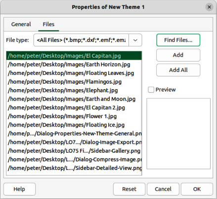 Figure 11: Properties of New Theme dialog — Files page