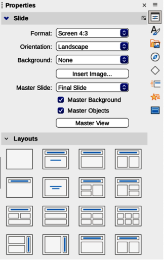 Figure 13: Slide and Layouts panels in Properties deck on Sidebar
