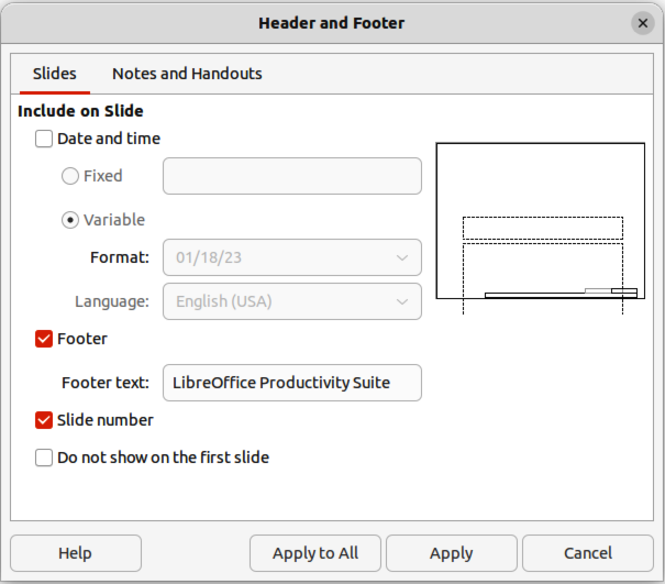 Figure 37: Header and Footer dialog — Slides page