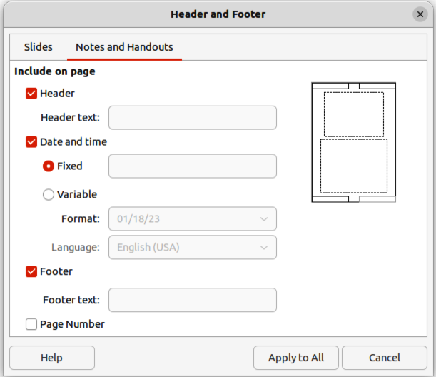 Figure 40: Header and Footer dialog — Notes and Handouts page