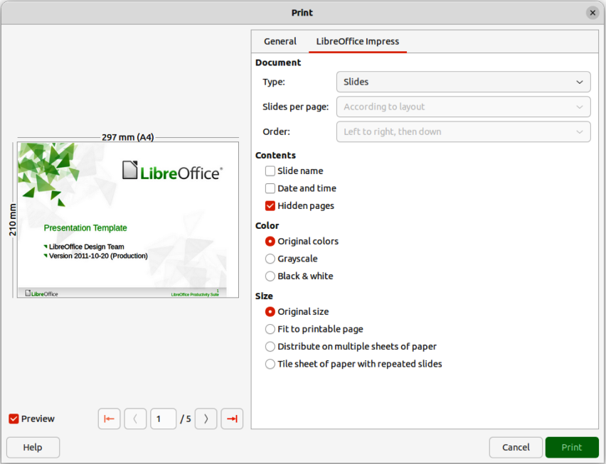 Figure 41: Example Print dialog — LibreOffice Impress page