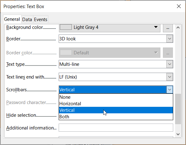 Figure 29: Scroll bar selections in the Properties dialog