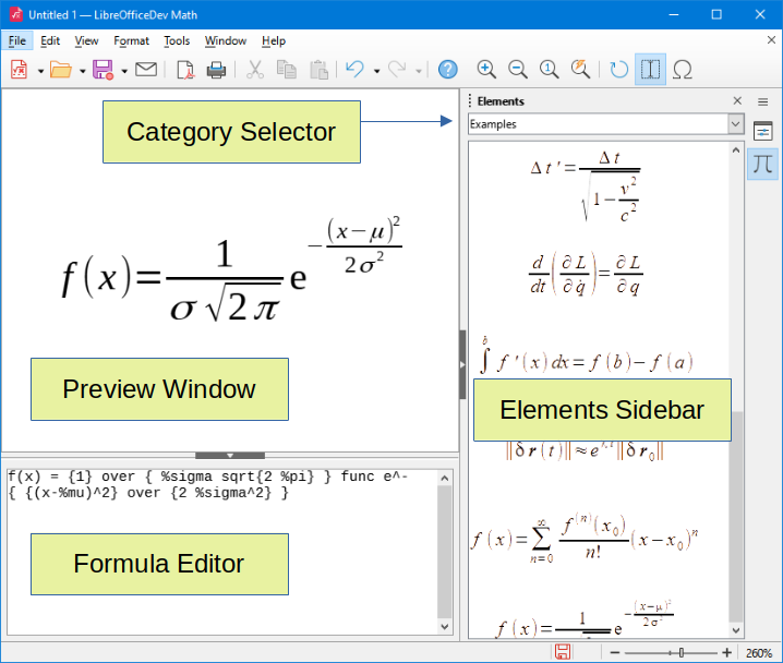 Figure 1: LibreOffice Math window parts