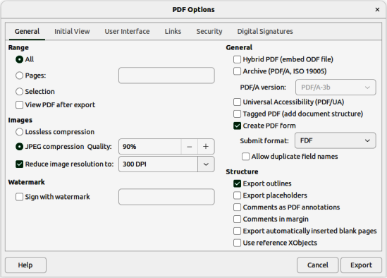 Figure 2: PDF Options dialog — General page