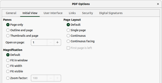 Figure 3: PDF Options dialog — Initial View page