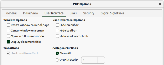 Figure 4: PDF Options dialog — User Interface page